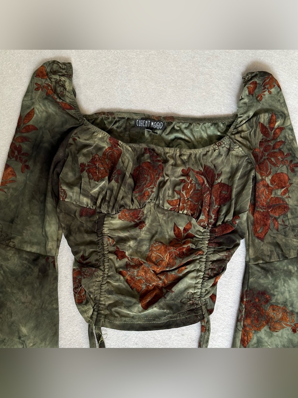 Current Mood Olive Floral Ruched Crop Top with Rust Accents